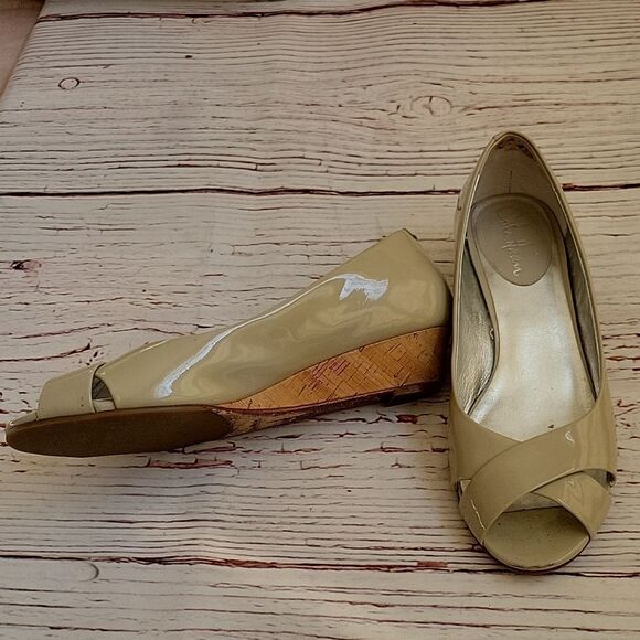 Cole Haan Taupe Patent Peep Toe Wedges Size 7 - Picture 4 of 8